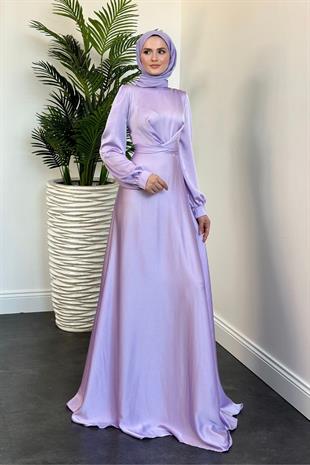 Samantha Önü Çapraz Detay Saten Abiye Lila