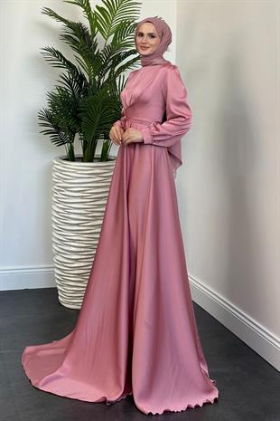 Samantha Önü Çapraz Detay Saten Abiye Pembe