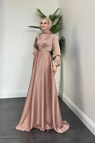 Samantha Önü Çapraz Detay Saten Abiye Pudra Pembesi