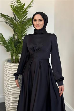 Samantha Önü Çapraz Detay Saten Abiye Koyu Lacivert