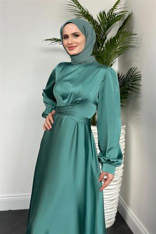 Samantha Önü Çapraz Detay Saten Abiye Mint Yeşili