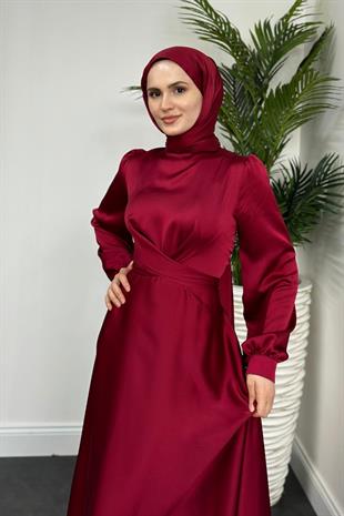 Samantha Önü Çapraz Detay Saten Abiye Bordo