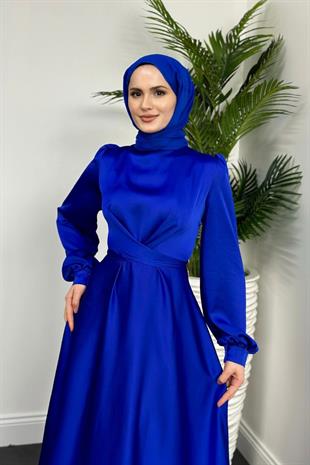 Samantha Önü Çapraz Detay Saten Abiye Saks Mavisi
