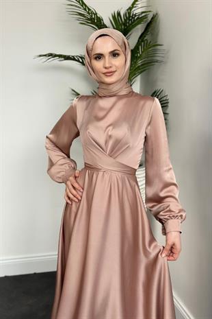 Samantha Önü Çapraz Detay Saten Abiye Pudra Pembesi