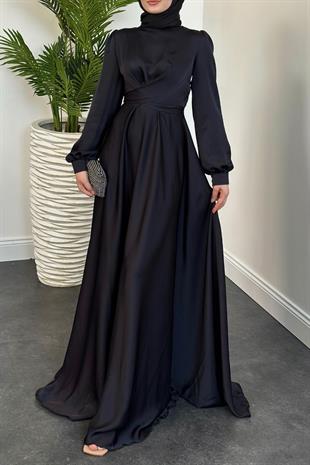 Samantha Önü Çapraz Detay Saten Abiye Koyu Lacivert