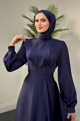 Samantha Önü Çapraz Detay Saten Abiye Lacivert