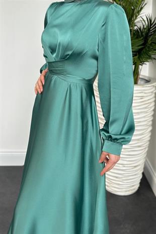 Samantha Önü Çapraz Detay Saten Abiye Mint Yeşili