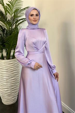 Samantha Önü Çapraz Detay Saten Abiye Lila