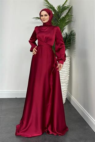 Samantha Önü Çapraz Detay Saten Abiye Bordo