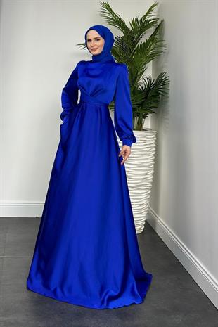 Samantha Önü Çapraz Detay Saten Abiye Saks Mavisi