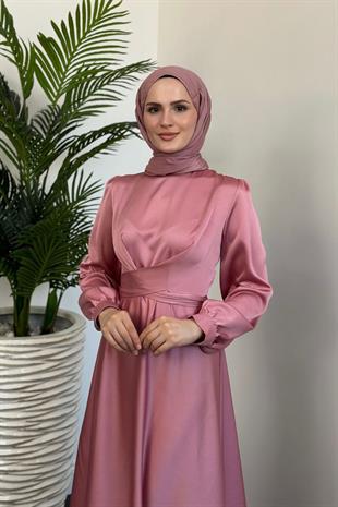 Samantha Önü Çapraz Detay Saten Abiye Pembe