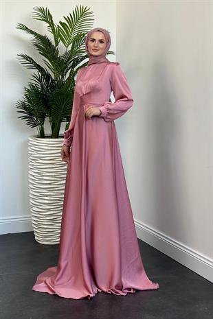 Samantha Önü Çapraz Detay Saten Abiye Pembe