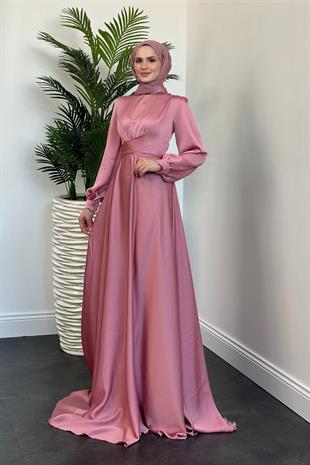Samantha Önü Çapraz Detay Saten Abiye Pembe