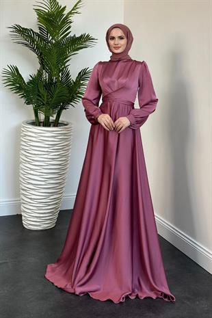 Samantha Önü Çapraz Detay Saten Abiye Gül Kurusu