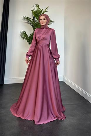 Samantha Önü Çapraz Detay Saten Abiye Gül Kurusu