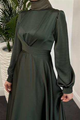Samantha Önü Çapraz Detay Saten Abiye Kına Yeşili