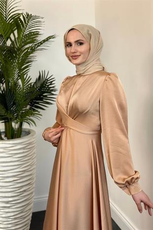 Samantha Önü Çapraz Detay Saten Abiye Somon