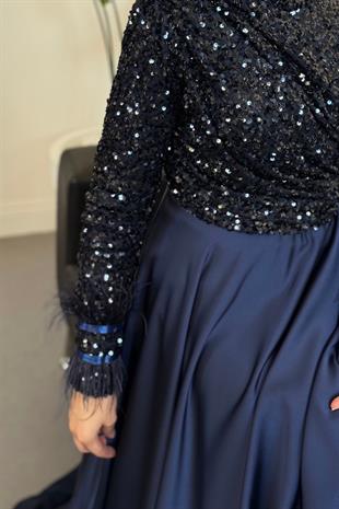 Samar Üst Pullu Drapeli Abiye Lacivert