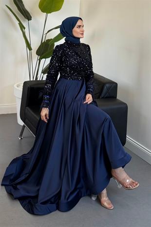 Samar Üst Pullu Drapeli Abiye Lacivert