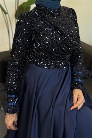 Samar Üst Pullu Drapeli Abiye Lacivert