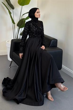 Samar Üst Pullu Drapeli Abiye Siyah
