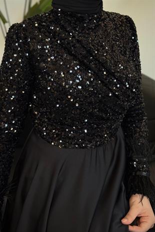 Samar Üst Pullu Drapeli Abiye Siyah