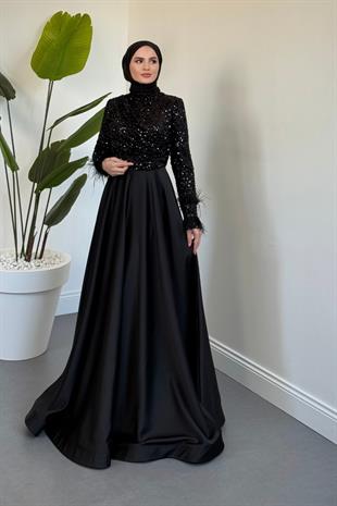 Samar Üst Pullu Drapeli Abiye Siyah