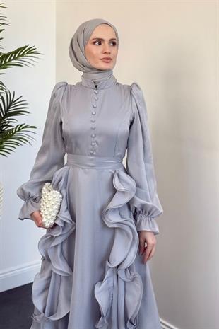 Samira Fırfırlı Janjan Abiye Gri