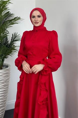 Samira Fırfırlı Janjan Abiye Kırmızı (KEMERSİZ)
