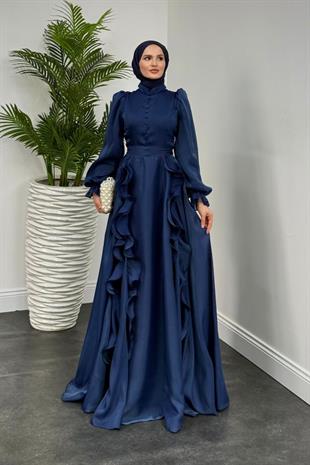 Samira Fırfırlı Janjan Abiye Lacivert (KEMERSİZ)