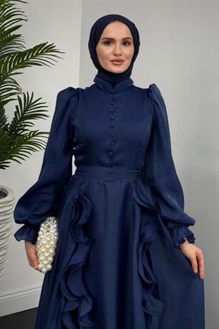 Samira Fırfırlı Janjan Abiye Lacivert (KEMERSİZ)