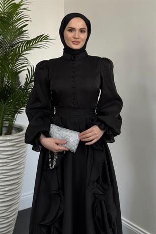 Samira Fırfırlı Janjan Abiye Siyah(KEMERSİZ)