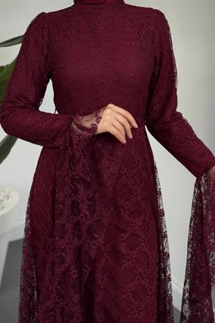 Samra Mevlana Kesim Dantel Abiye Bordo