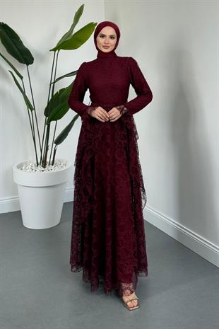 Samra Mevlana Kesim Dantel Abiye Bordo