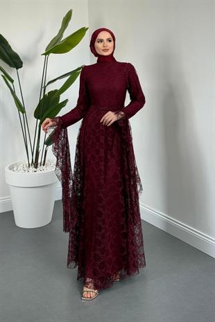 Samra Mevlana Kesim Dantel Abiye Bordo