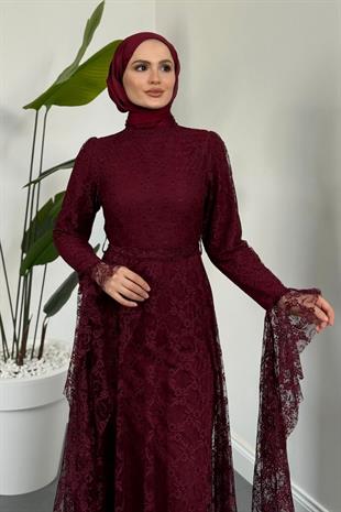 Samra Mevlana Kesim Dantel Abiye Bordo