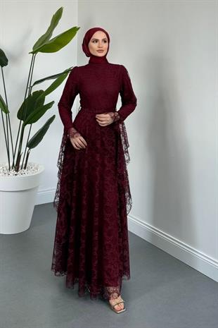 Samra Mevlana Kesim Dantel Abiye Bordo