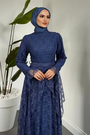 Samra Mevlana Kesim Dantel Abiye İndigo