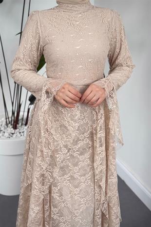 Samra Mevlana Kesim Dantel Abiye Krem