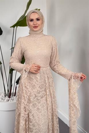 Samra Mevlana Kesim Dantel Abiye Krem