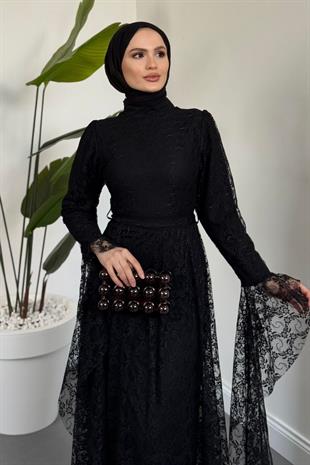 Samra Mevlana Kesim Dantel Abiye Siyah