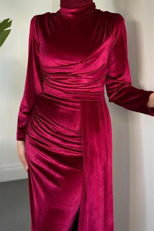 Samy Kadife Kumaş Balık Elbise Fuşya