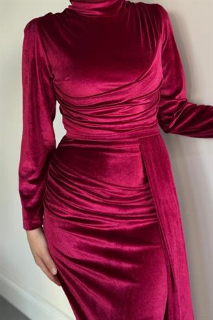 Samy Kadife Kumaş Balık Elbise Fuşya