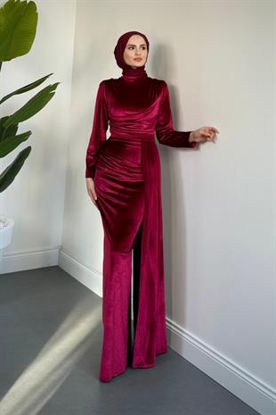 Samy Kadife Kumaş Balık Elbise Fuşya