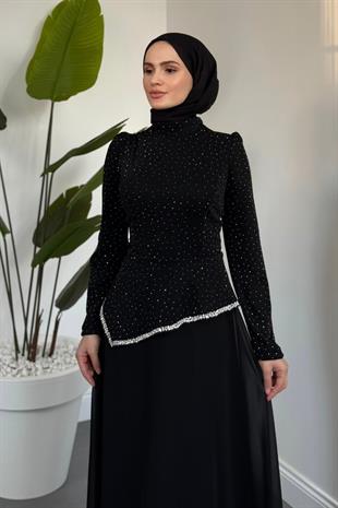 Santa Üstü Taşlı Asimetrik Kesim Abiye Siyah