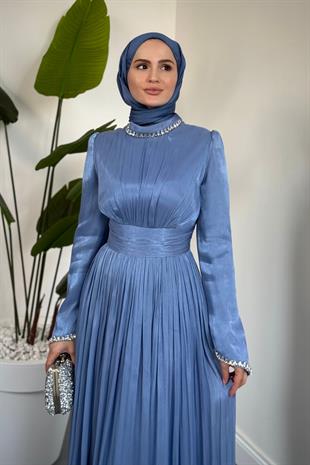 Saoris Boynu Kolu Taşlı Jan Jan Abiye İndigo