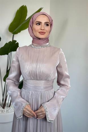 Saoris Boynu Kolu Taşlı Jan Jan Abiye Pudra