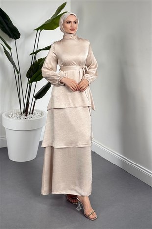 Velora Kat Kat Saten Elbise Krem