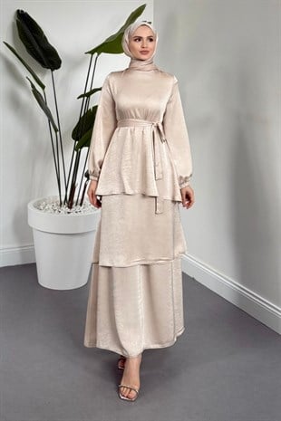 Velora Kat Kat Saten Elbise Krem