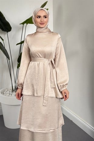 Velora Kat Kat Saten Elbise Krem